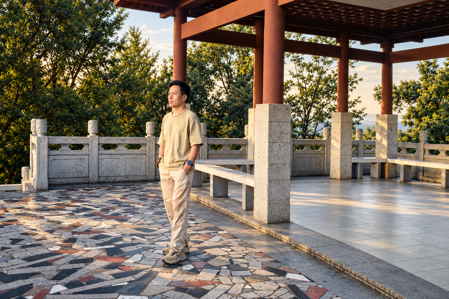 赵见在亭台间停步